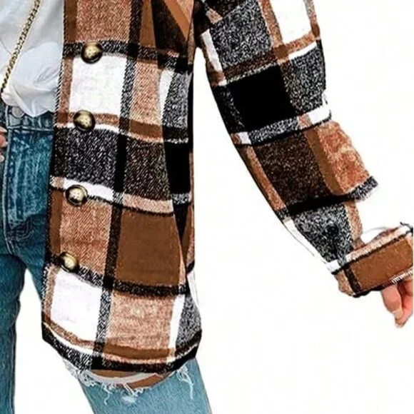 Elegant Women's Cropped Plaid Shacket Flannel Long Sleeve Button Down Jacket - Picture 5 of 5